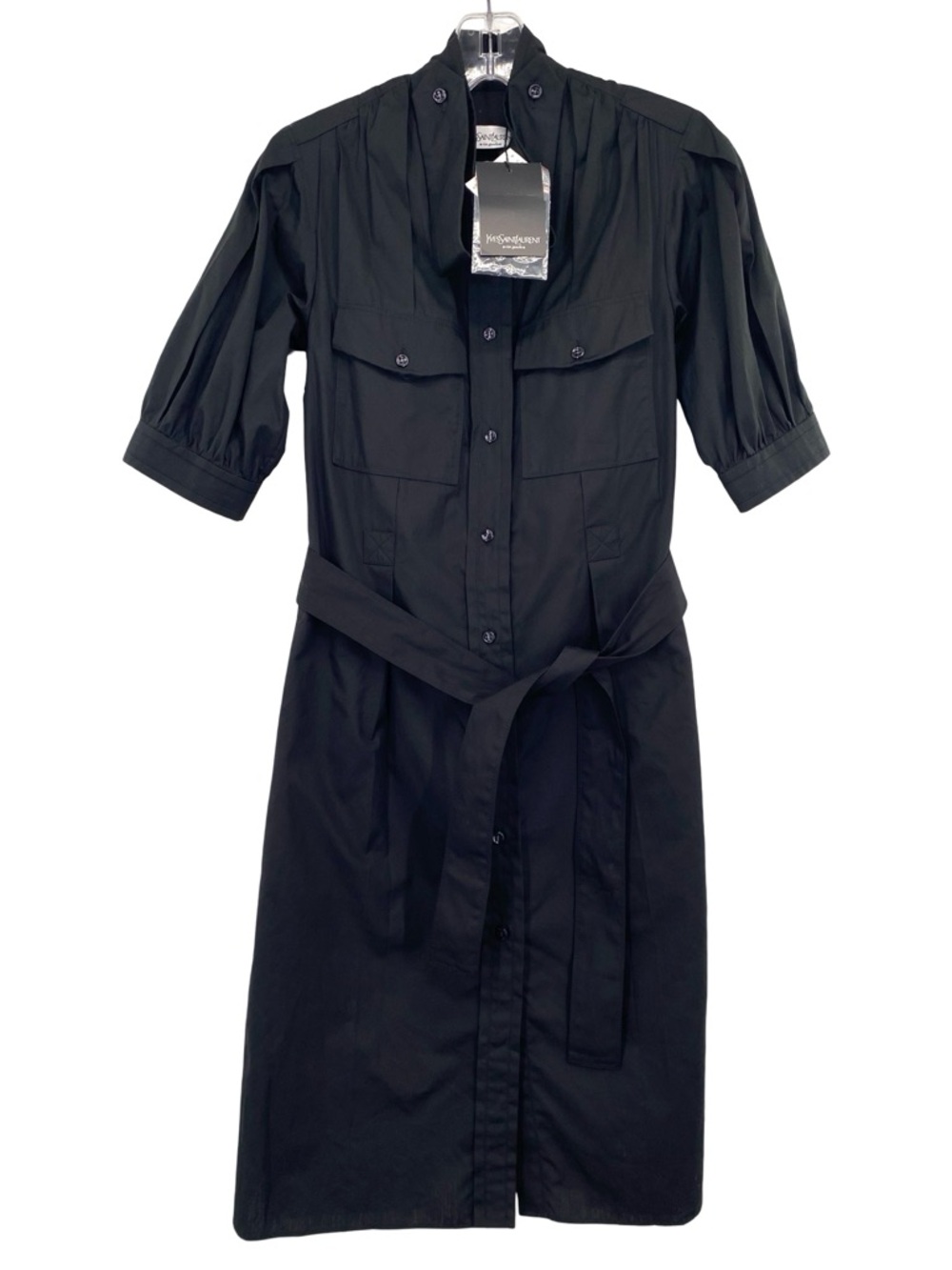 YSL Yves Saint Lauren Black Cotton Belted Shirt Dress Blouson Sleeve New